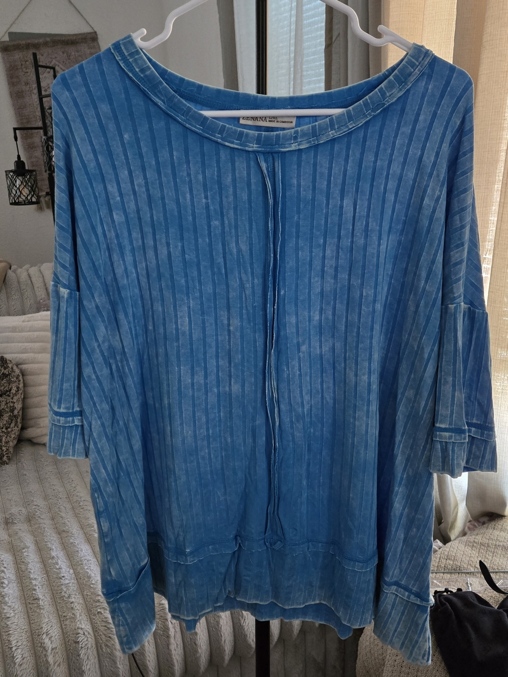 Zenana Outfitters Mineral- Washed Blue Ribbed Knot Top 3/4 Sleeve